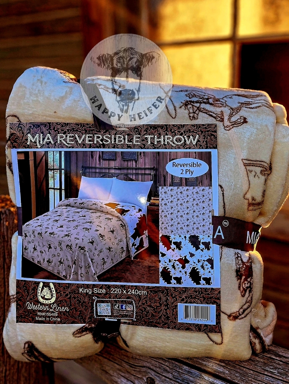Bucking Bronc Reversible Cowhide Print King Sized Blanket